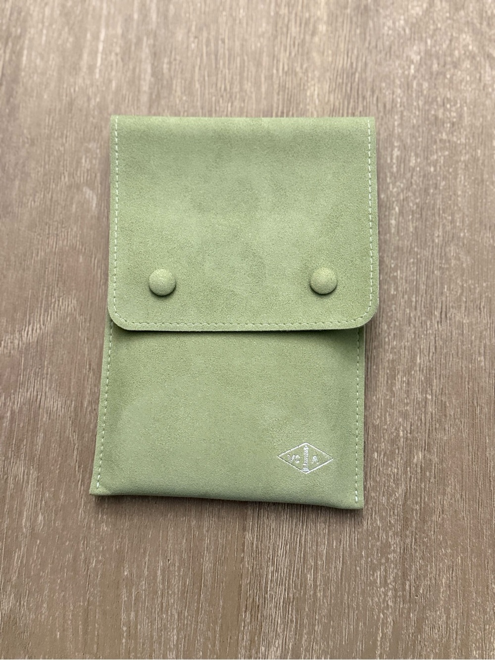 Vancleef Light Green Suede travel Pouch for necklace.